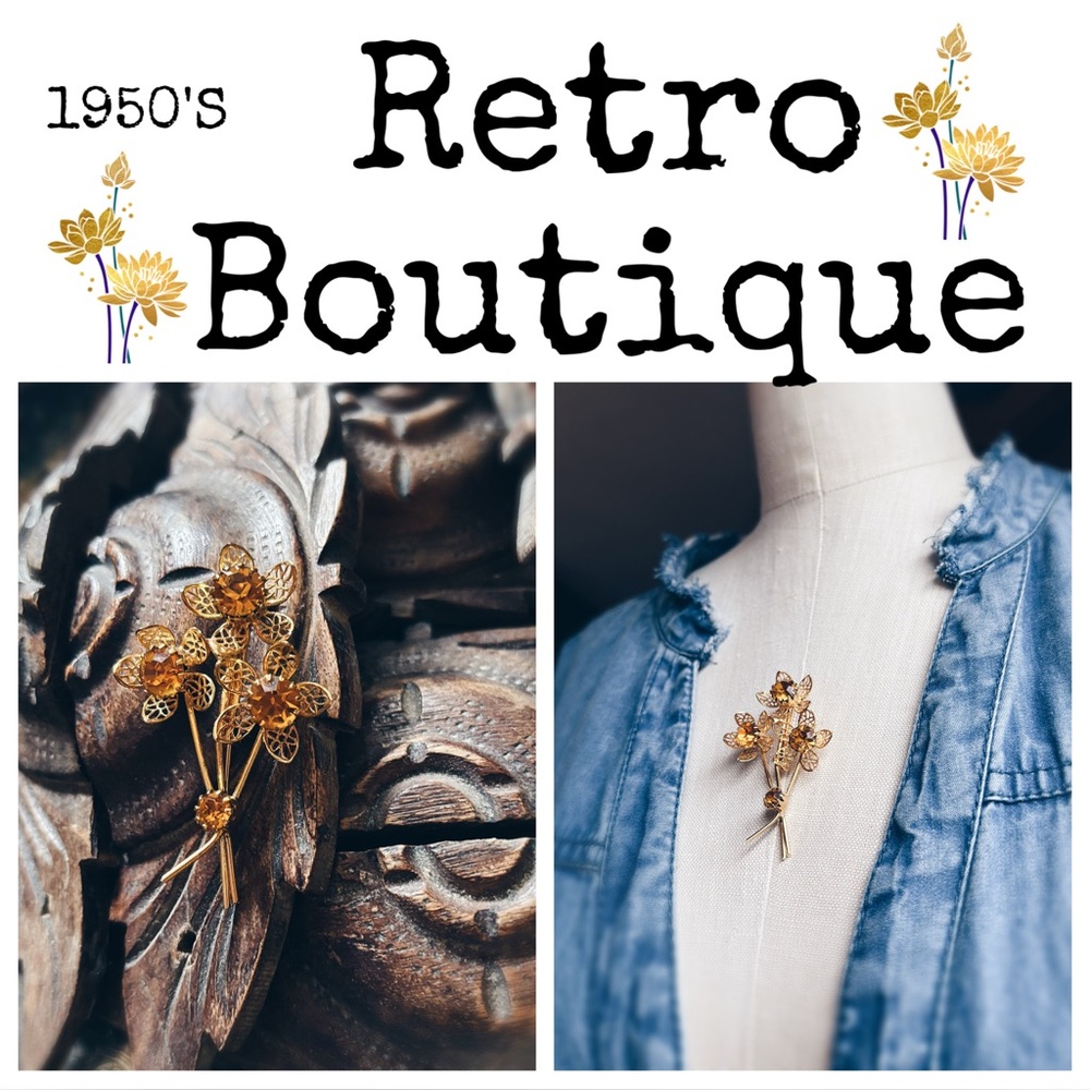1950s Retro Five-Flower Brooch | Topaz Rhinestone & Gold Tone